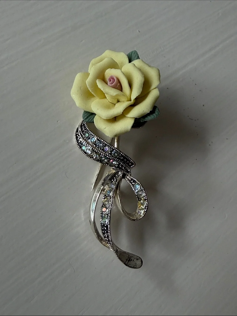 Cream Yellow Rose Brooch with Silver Crystal Ribbon - Women's Jewelry